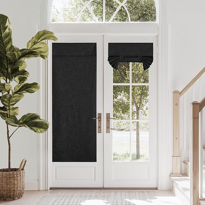 NICETOWN 100% Blackout Door Curtains for Window, French Door Curtains for Privacy, Thermal Insulated Short Sidelight Curtain Tie Up Shade for Kitchen, 26W x 64L, Black, 1 Panel