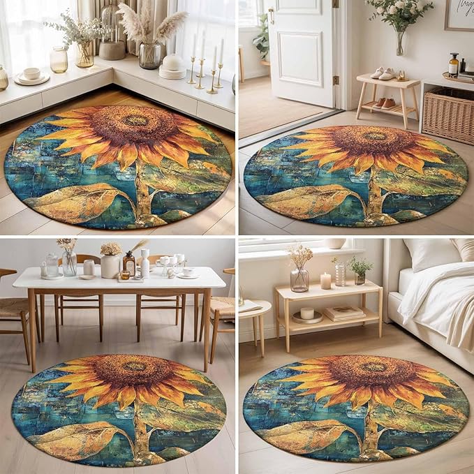 Washable Round Area Rug Rustic Golden Sunflower on Teal Blue Circle Rugs Floor Carpet for Living Room Bedroom, Abstract Floral Soft Non Slip Round Rug 5ft