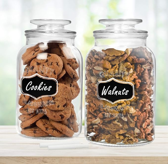 Estilo Round Glass Canister Jars with Airtight Lids Ideal for Cookies, Candies, Cereal - Cookie Jar - Includes Chalkboard Labels and Chalk - 1/2 Gallon (Set of 2), Clear