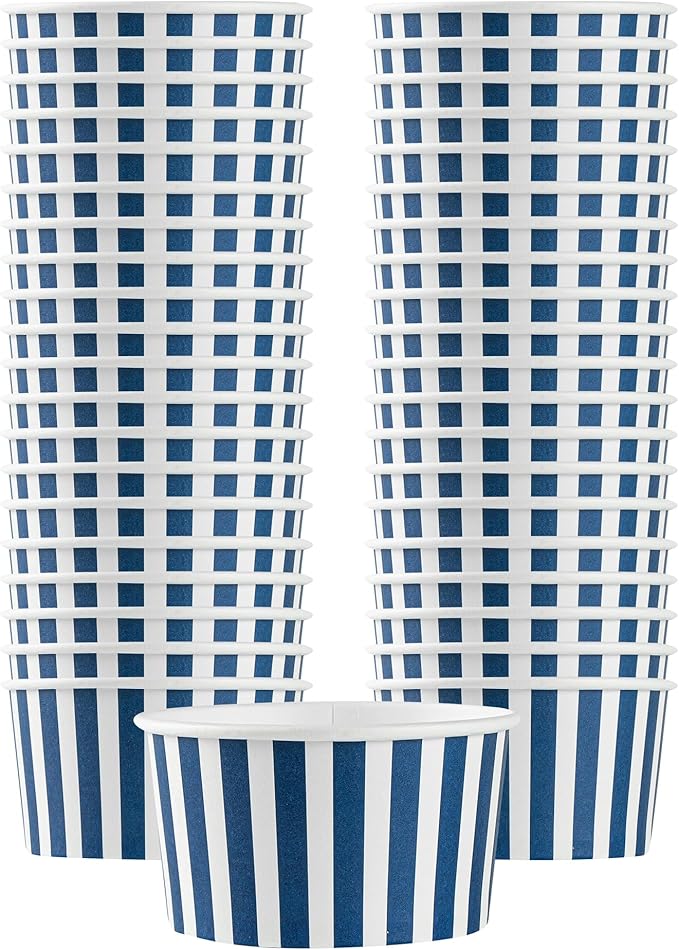 Restaurantware Coppetta 8 Ounce Dessert Cups, 200 Disposable Ice Cream Cups - Lids Sold Separately, Sturdy, Blue And White Paper FroYo Bowls, Striped, For Hot And Cold Foods, Perfect For Gelato