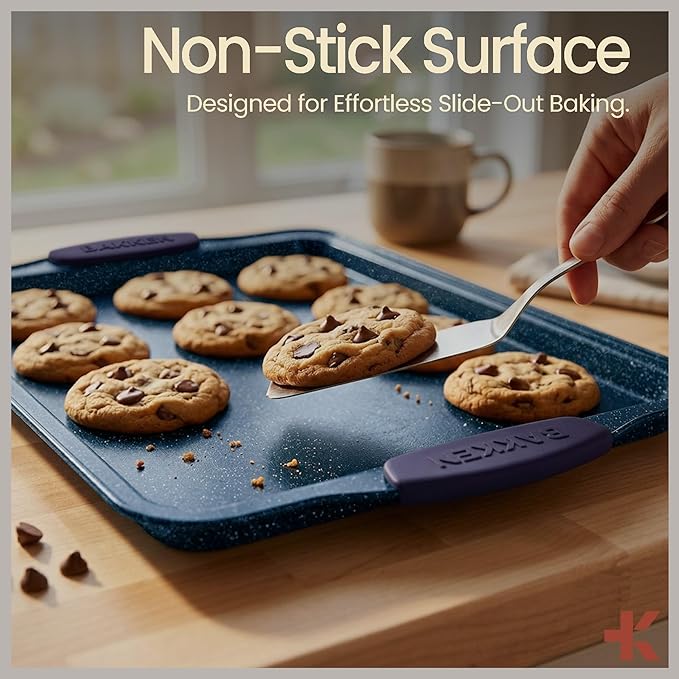 BAKKEN Kitchen Baking Pan Set - Nonstick Coating, Carbon Steel Bakeware Sets with Blue Silicone Handles, Baking Kitchen Essentials, PFOA, PFOS, PTFE Free, Oven Safe Tray (Up To 450° F), Set of 3