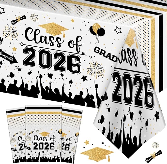 Graduation Decorations Class of 2026 Tablecloth - 3 Pcs Plastic Congrats Grad Table Cloth, Graduation Table Cover for Graduation Party Decorations 2026 and Party Supplies, 54"x108" (Black and Gold)