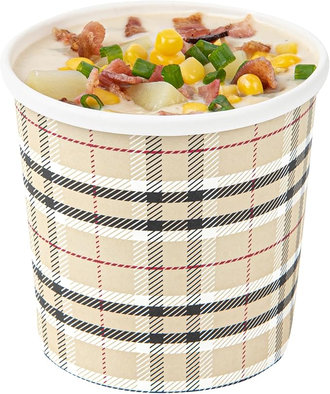 Restaurantware Bio Tek 12 Ounce Soup Containers 200 Durable Soup Bowls - Disposable Sustainable Plaid Print Paper Soup Cups Round For Hot Or Cold Foods