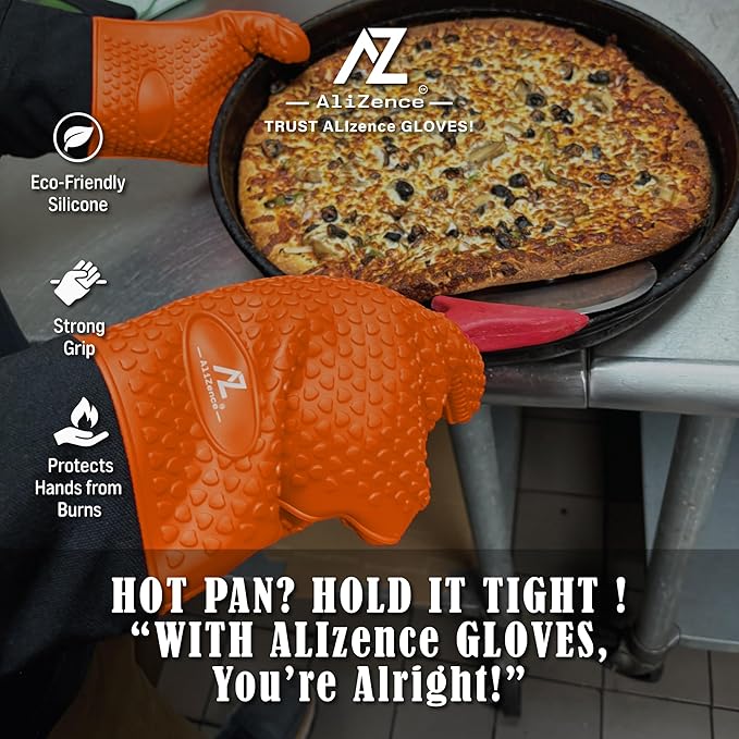 Silicone Smoker Oven Gloves & BBQ Set – Extreme Heat Resistant, Waterproof Oven Mitts, Mini Gloves, Hot Pads & Pot Holders for Cooking, Grilling, Baking, Extra Soft, Superior Value 6 pc Set. (Orange)