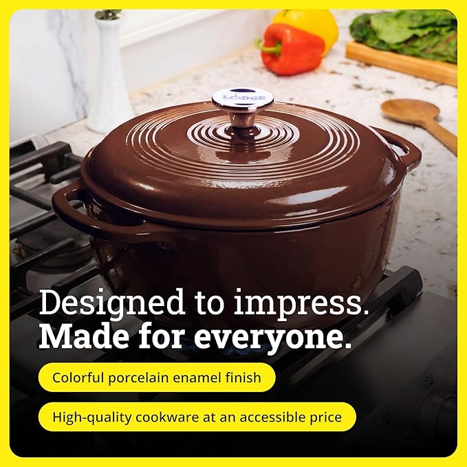 Lodge Essential Enamel Cast Iron Dutch Oven - Perfect for Bread Baking, Braising, Marinating & Slow Cooking - Features Moisture-Sealing Lid & Dual Handles - Kitchen Essentials - 6 Quarts - Burnt Sienna