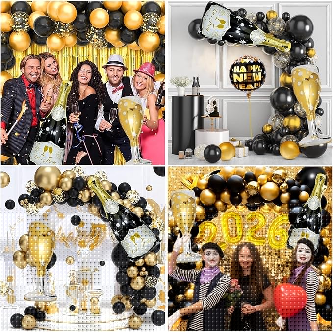 106 Pcs Black and Gold Confetti Balloons Arch Kit, Huge Black Gold Champagne Bottle Goblet Aluminum Foil Balloons for College, Kindergarten Grad, 2026 Graduation Party Decorations Supplies
