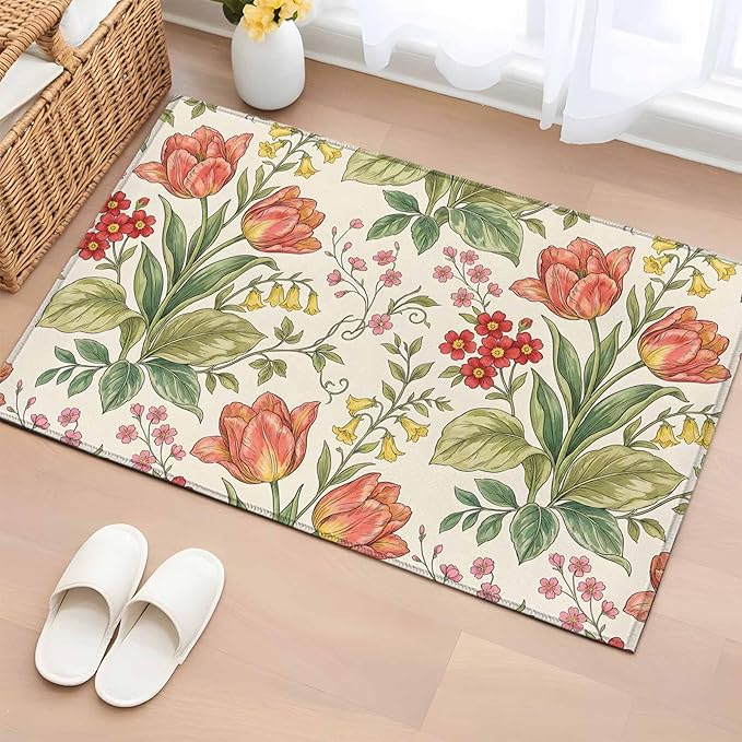 Area Rug 2x3ft, Vintage Tulips Red Daisies Washable Rugs for Living Room Bedroom, Yellow Blooms Floral Pattern Soft Non-Slip Area Rugs Rectangle Floor Carpet for Dining Room
