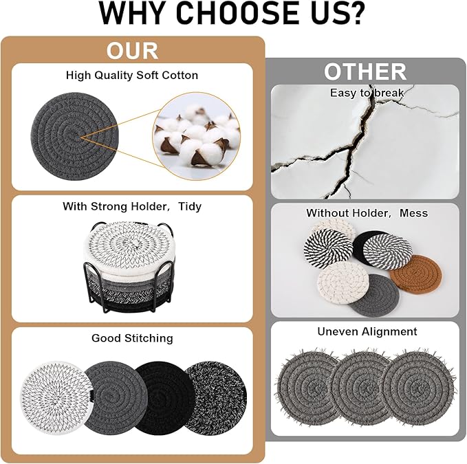 OIAHOMY 8 Pcs Coasters with Holder for Beer, Coffee, Woven Cotton Coaster Set for Table Decor for Kitchen, Bar, Dining Room, Living Room, Housewarming Gifts - Black