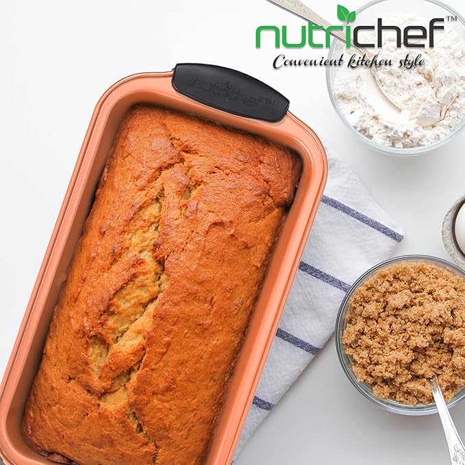 NutriChef Jovial Non Stick Loaf Baking Pan,Deluxe Copper Carbon Steel Pan with Blue Silicone Handles,Quality Metal Bakeware For Cooking&Baking Cake Loaf,Muffins&More,Compatible with Model NCSBS54S