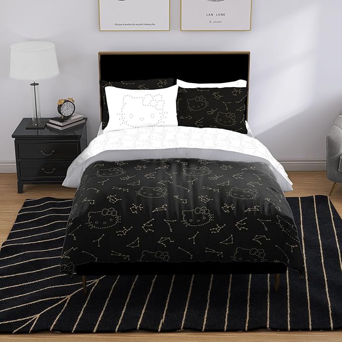 Jay Franco Hello Kitty Stars Twin Comforter Set - 5 Piece Bedding Includes Sheet Set & Pillow Covers - Super Soft Zodiac Black & Gold Bedding