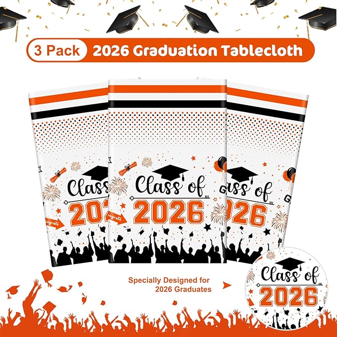 Graduation Decorations Class of 2026 Tablecloth - 3 Pcs Plastic Congrats Grad Table Cloth, Graduation Table Cover for Graduations Party Decorations 2026 and Party Supplies, 54"x108" (Orange and Black)