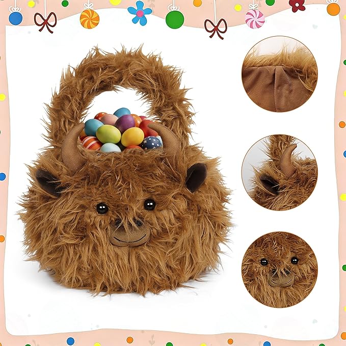 Easter Basket, Highland Cow Easter Baskets for Kids, Baskets with Handle for Gifts Empty, Bunny Egg Hunting, Basket Stuffers Essentials