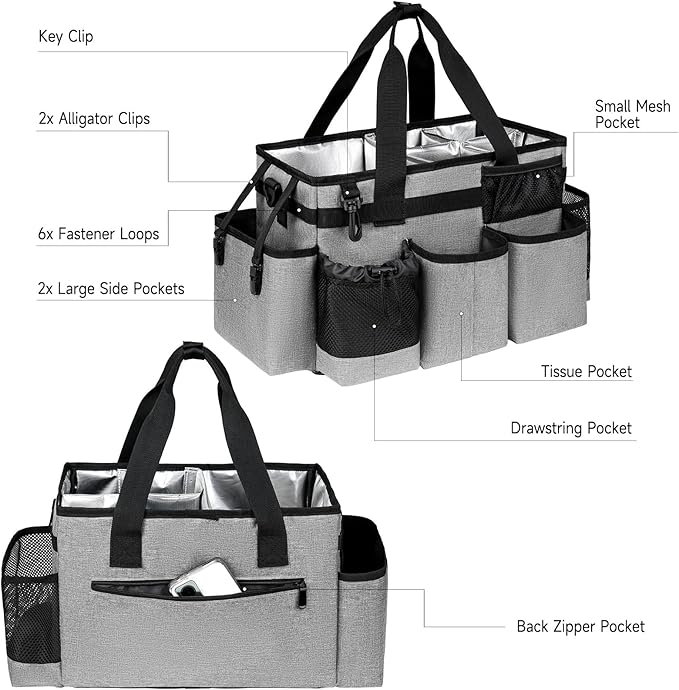 Cleaning Caddy Bag, Cleaning Supplies Organizer for Housekeepers, Housekeeping Caddy with Handle and Detachable Padded Cushion, Gray