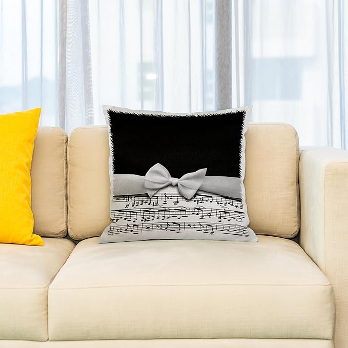 3dRose Stylish musical notes faux ribbon and bow - black and white sheet music girly classy elegant design - Pillow Case, 16 by 16-inch (pc_123130_1)
