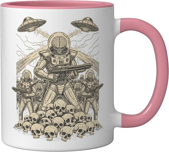 Alien Brain Soldier Retro Sci Fi Saucer Art Ceramic Mug, Pink/White