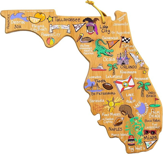 Totally Bamboo Florida State Shaped Cutting Board and Charcuterie Serving Platter with Artwork by Fish Kiss, Includes Hang Tie for Wall Display