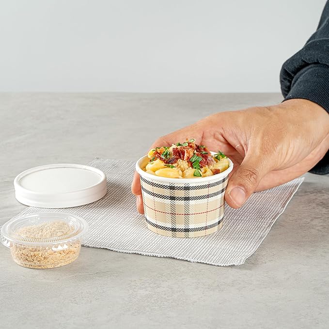 Restaurantware Coppetta 4-Ounce Dessert Cups, 50 Disposable Ice Cream Cups - Lids Sold Separately, Heavy-Duty, Plaid Paper Frozen Yogurt Bowls, For Hot And Cold Foods