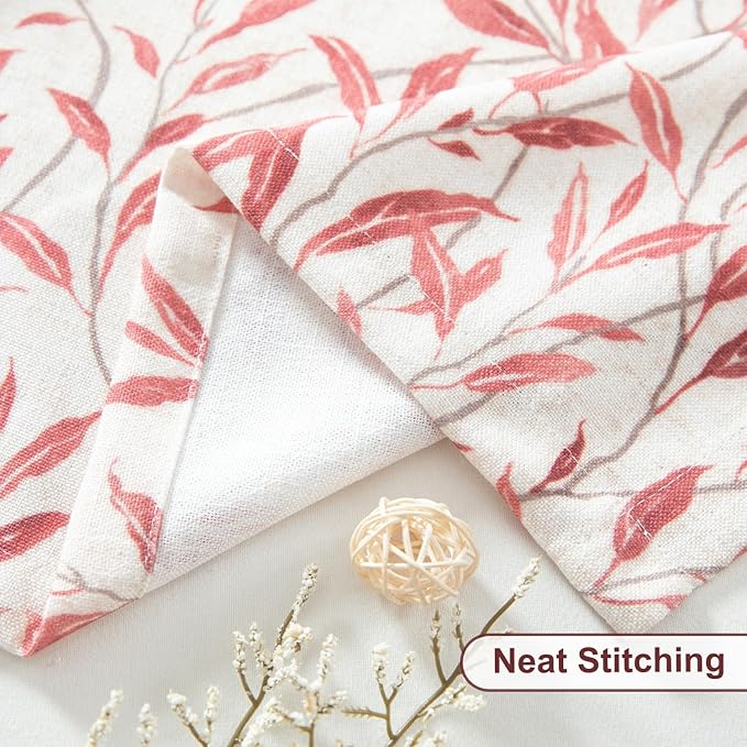 Leeva Faux Linen Leaves Print Kitchen Valances - Rod Pocket Room Darkening Farmhouse Window Toppers for Living Room & Bedroom, Red, 60 x 18 Inches
