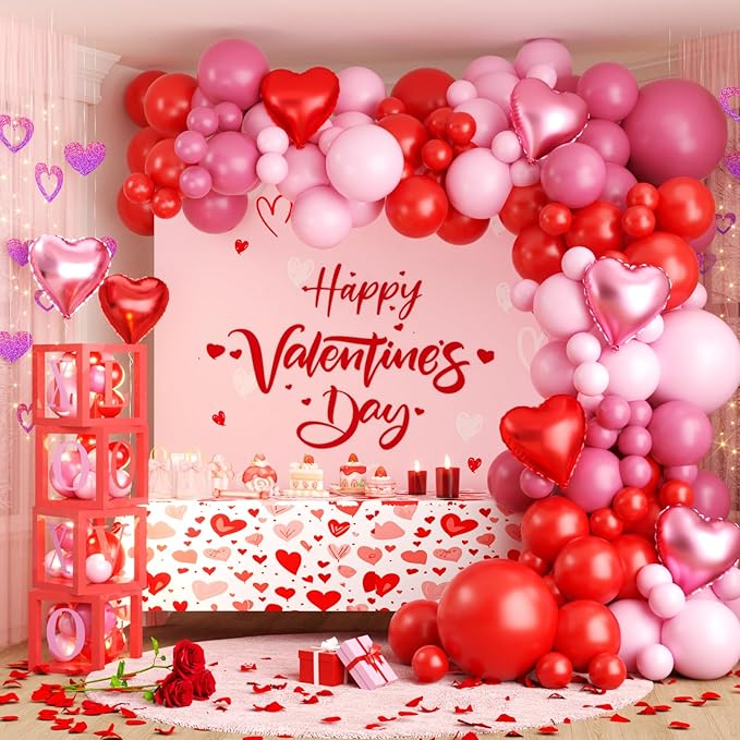 Valentines Day Balloons Garland Arch Kit, Red Pink White Heart Balloons with XOXO LOVE Boxes for Valentines Day Party Decorations Wedding Engagement Anniversary