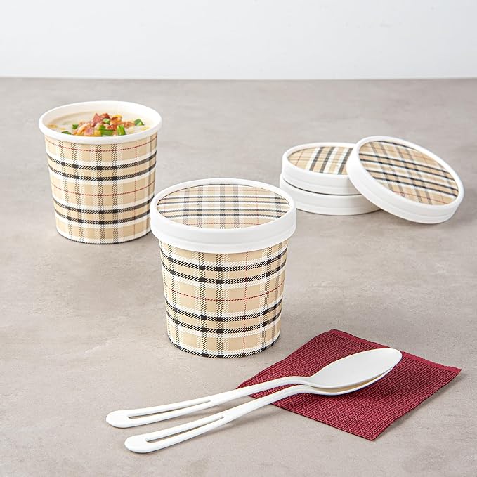 Restaurantware-LIDS ONLY: Bio Tek Soup Container Lids, 200 Disposable Bowl Lids For 12 Ounce Soup Cups - Containers Sold Separately, Vented, Plaid Print Paper Soup Container Lids, Round,