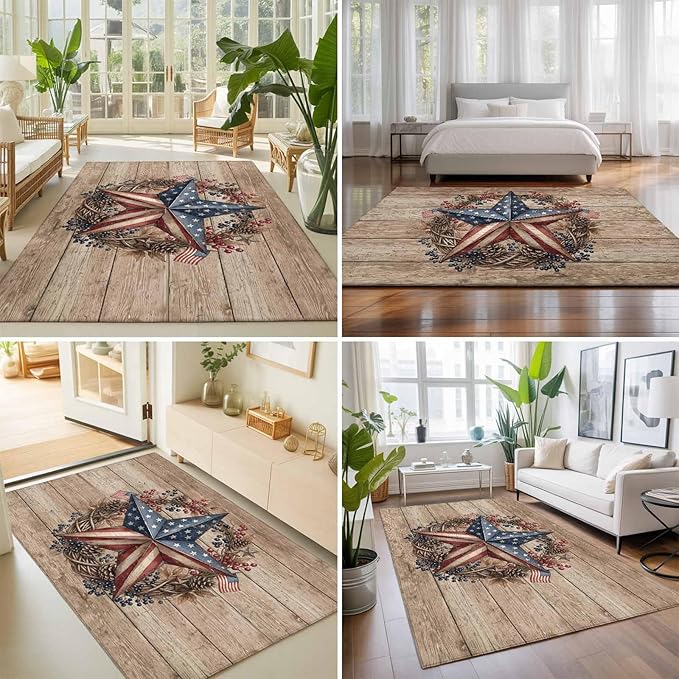 Area Rug 4x6ft, Independence Day USA Flag Star Washable Rugs for Living Room Bedroom, Farm Wood Background Soft Non-Slip Area Rugs Rectangle Floor Carpet for Dining Room