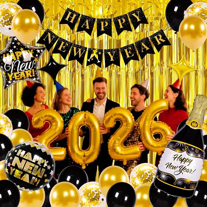 Happy New Year Decorations 2026, New Years Eve Party Supplies 2026, New Years Decoration Set with 2026 Number Balloons, Happy New Year Banner, Champagne Curtains Backdrop for NYE Party Decorations