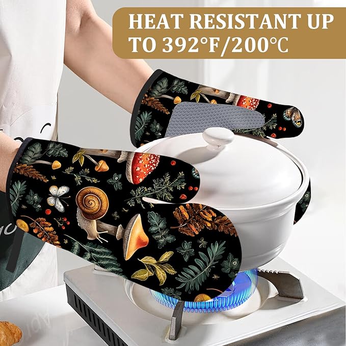 Black Mushroom Snail Oven Mitts and Pot Holders Sets 4Pcs Cute Plants Silicone Kitchen Gloves Heat Resistant Potholders for Baking Cooking Grilling BBQ