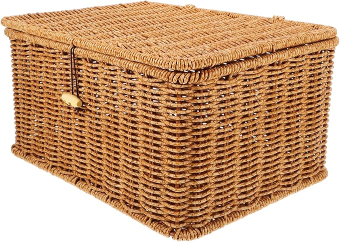 ABOOFAN Lidded Woven Storage Basket Handcrafted Imitation Rattan Box for Organizing Clothes Books and Miscellaneous Items Rustic Decor Light