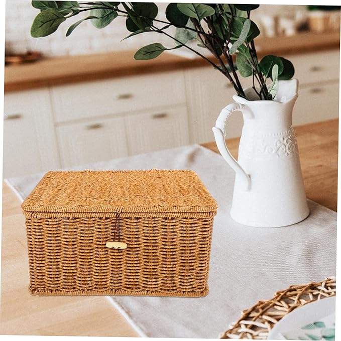 ABOOFAN Lidded Woven Storage Basket Handcrafted Imitation Rattan Box for Organizing Clothes Books and Miscellaneous Items Rustic Decor Light