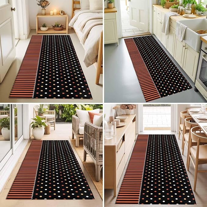 Runner Rug for Bedroom Hallway, Halloween Polka Dots Orange Stripes Kitchen Runner Rugs Area Rug 2x6ft, Seamless Dot on Black Washable Soft Floor Carpet for Entryway Stair