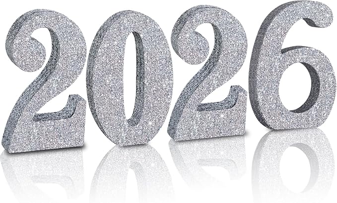 TONIFUL 4 Inch 2026 Silver Glitter Table Centerpiece Sign 2026 Number Word Sign,2026 Wooden Numbers Block for New Year Eve,Graduation,Chrismas,Anniversary Party Supplies