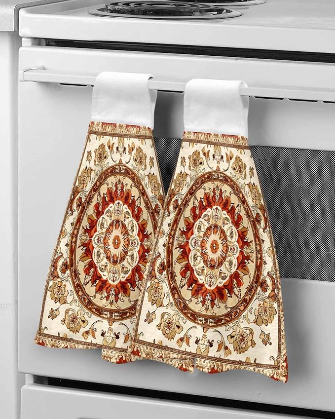 Alandar Home Kitchen Tie Towel Set of 2, Abstract Flower Bohemian Pattern Absorbent Soft Hand Towels for Bathroom Hanging Towels, Blossom Floral Retro Geometric Fast Drying Cleaning Cloth with Loop
