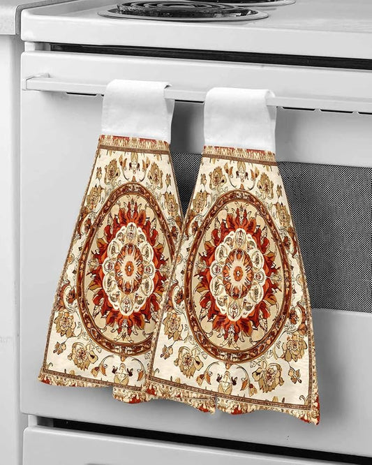 Alandar Home Kitchen Tie Towel Set of 2, Abstract Flower Bohemian Pattern Absorbent Soft Hand Towels for Bathroom Hanging Towels, Blossom Floral Retro Geometric Fast Drying Cleaning Cloth with Loop