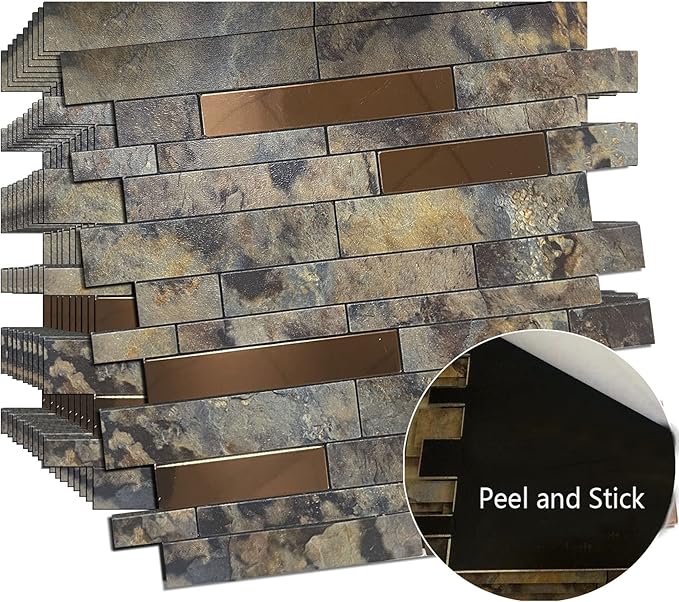 Weimeisc 10 Sheets Peel and Stick Backsplash Tile for Kitchen, Self-Adhesive Mosaic Tile, Stick on Bathroom Vanities，Fireplace Décor, Laundry Table(11.25" X 12.7") (Rusty Stone Pattern)