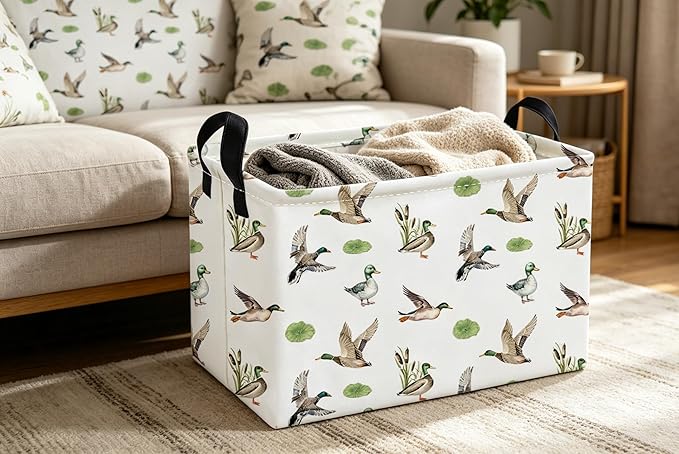 Essme Rectangular Kids Baskets,Duck Storage Box,Cute Basket for Kids with Handles for Room Decor, Book Bins,Shelf Basket.（Green Duck
