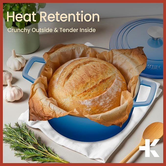 Bakken Enameled Cast Iron Dutch Oven Pot, 6QT Dutch Oven for Bread Baking, Braising & Roasting, Kitchen & Campfire Cooking, Moisture-Locking Lid, Oven Safe Up To 500°F, Works on All Cooktops, Blue