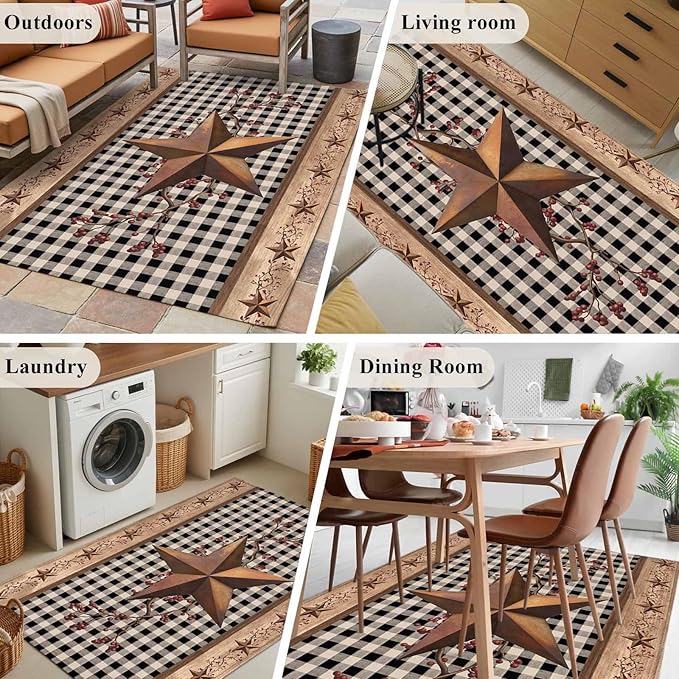 Brown Texas Star Retro 4x6 Area Rugs, Country Star Non-Skid Rubber Backing Large Rectangle Rugs - Living Room Bedroom Home Office, Black White Plaid Wooden Indoor Floor Mat Carpets Washable Rug