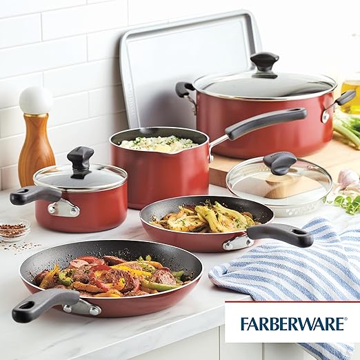 Farberware Cookstart DiamondMax Nonstick Cookware/Pots and Pans Set, Dishwasher Safe, Includes Baking Pan and Cooking Tools, 15 Piece - Red