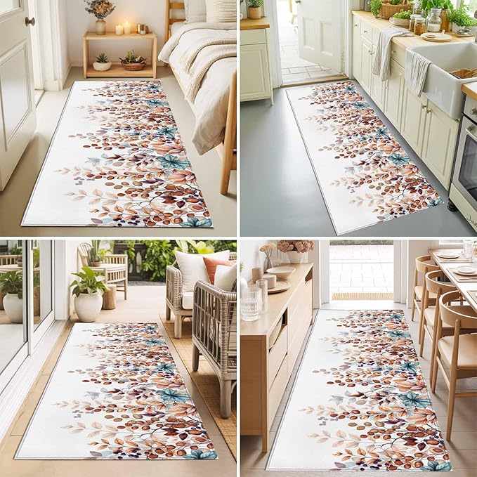 Runner Rug for Bedroom Hallway, Fall Orange Watercolor Eucalyptus Leaves Kitchen Runner Rugs Area Rug 2x6ft, Fallen Leaf on White Washable Soft Floor Carpet for Entryway Stair