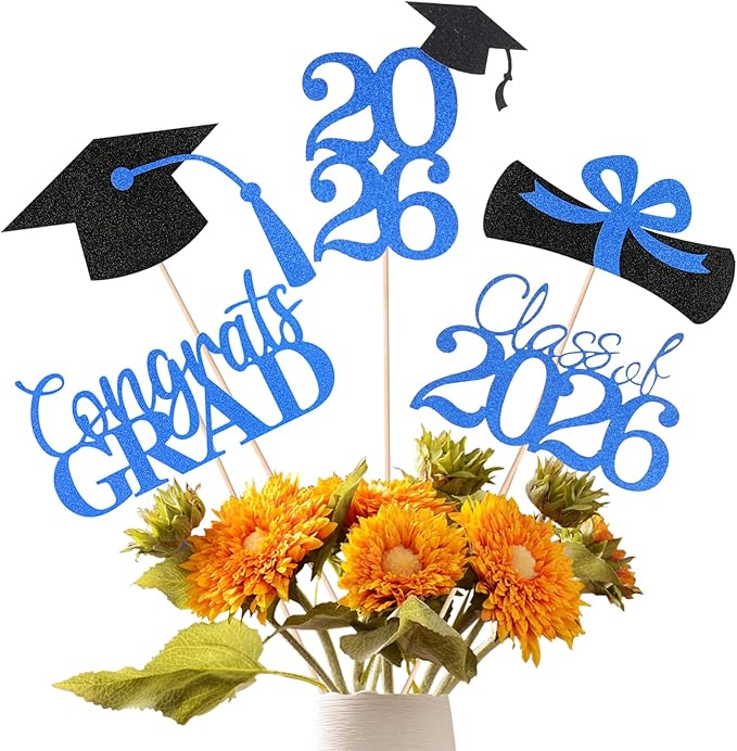 Graduation Decorations 2026, 20 PCS Sparkling Black and Blue Double-Sided Centerpiece Sticks for Tables, Class of 2026 Table Toppers and Party Supplies