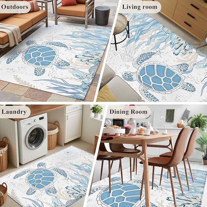 Area Rug 3x5ft, Blue Sea Turtles Stars Corals Washable Rugs for Living Room Bedroom, Vintage Marine Life Soft Non-Slip Area Rugs Rectangle Floor Carpet for Dining Room