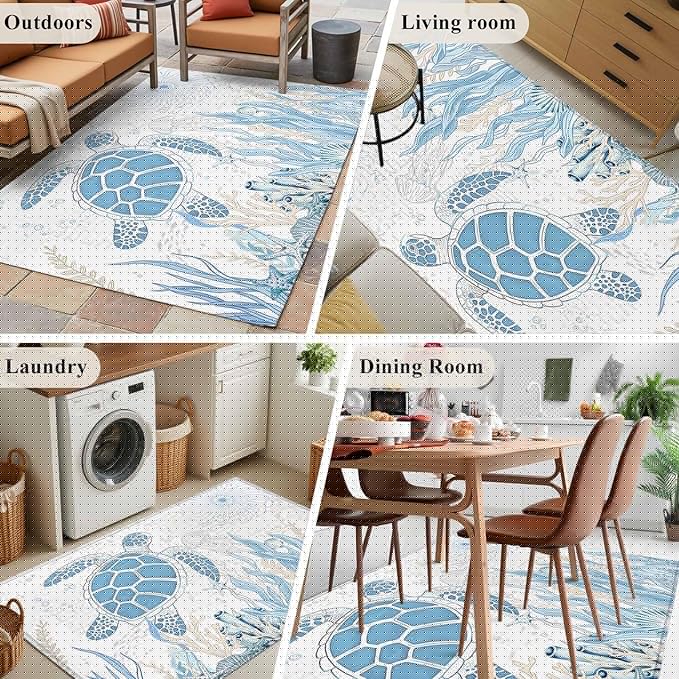 Area Rug 4x6ft, Blue Sea Turtles Stars Corals Washable Rugs for Living Room Bedroom, Vintage Marine Life Soft Non-Slip Area Rugs Rectangle Floor Carpet for Dining Room