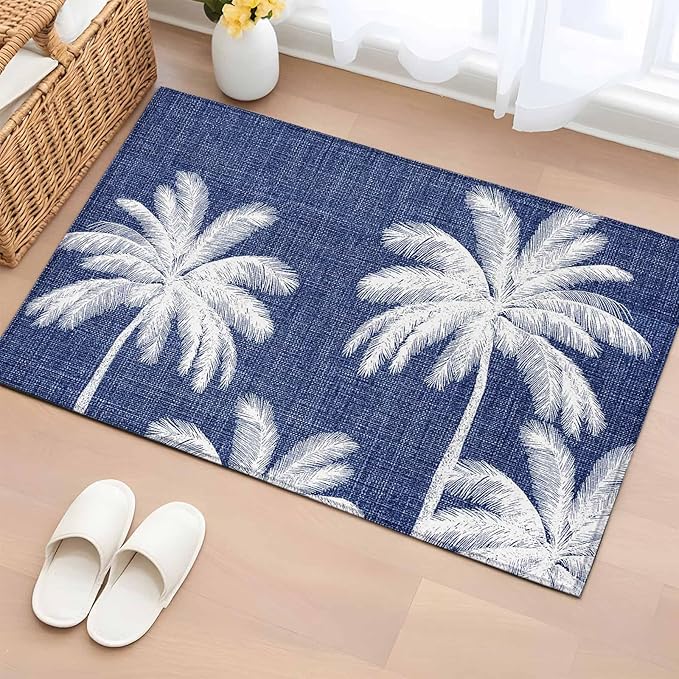 Area Rug 2x3ft, Coastal Palm Trees on Blue Washable Rugs for Living Room Bedroom, Minimalist Tropical Leaves Soft Non-Slip Area Rugs Rectangle Floor Carpet for Dining Room