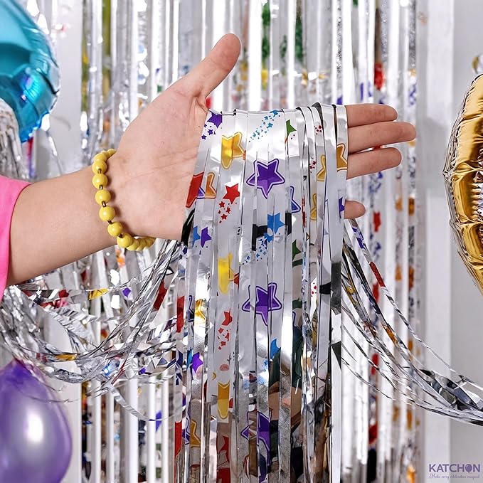KatchOn, Star Silver Foil Fringe Curtains – Pack of 2 | Silver Fringe Backdrop for Birthday, Labor Day Decorations, Graduation Decorations 2026 | Star Streamers for Rainbow, Space Party Decoration