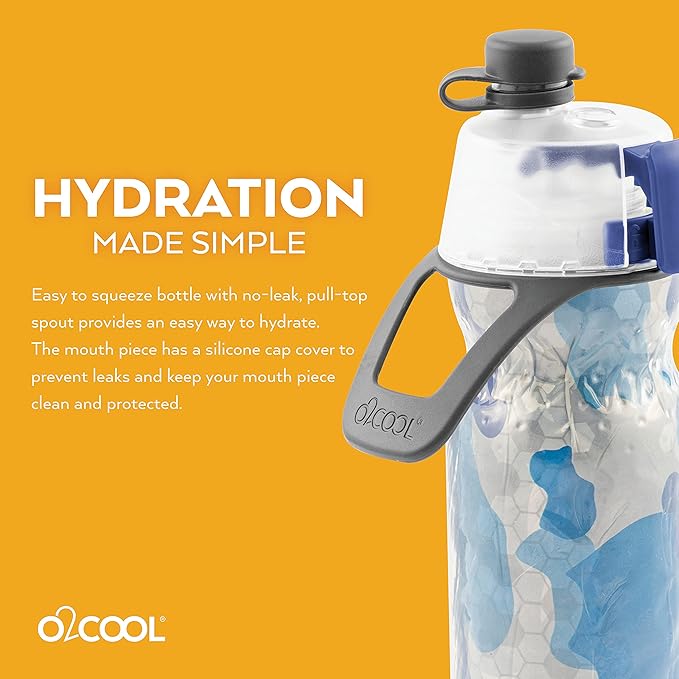 O2COOL Mist 'N Sip Misting Water Bottle 2-in-1 Mist And Sip Function With No Leak Pull Top Spout Reusable Sports Water Bottle - 20 oz (Blue Camo)