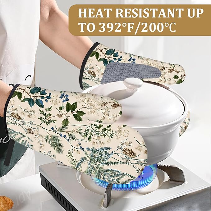 Botanical Print Oven Mitts and Pot Holders Sets 4Pcs Wildflower Herb Silicone Kitchen Gloves Heat Resistant Potholders for Baking Cooking Grilling BBQ