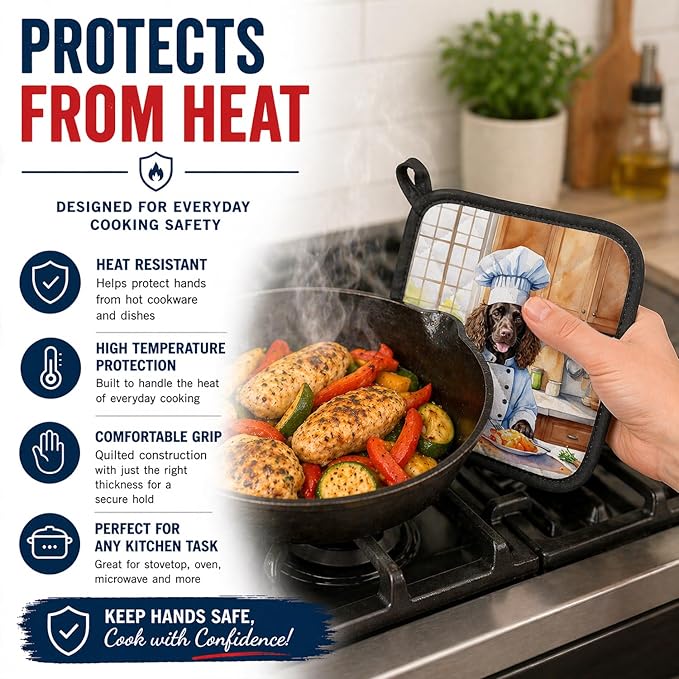 Caroline's Treasures American Water Spaniel The Chef Pair of Pot Holders Kitchen Heat Resistant Pot Holders Sets Oven Hot Pads for Cooking Baking BBQ, 7 1/2 x 7 1/2