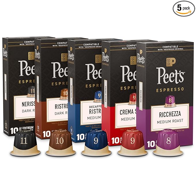 Peet's Coffee, Dark and Medium Roast Espresso Capsules Variety Pack with Decaf, Compatible with Nespresso Original Machine, Arabica Coffee - Intensity 8-11, 50 Count (5 Boxes of 10 Espresso Capsules)