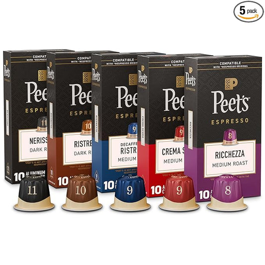 Peet's Coffee, Dark and Medium Roast Espresso Capsules Variety Pack with Decaf, Compatible with Nespresso Original Machine, Arabica Coffee - Intensity 8-11, 50 Count (5 Boxes of 10 Espresso Capsules)
