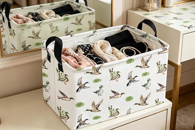 Essme Rectangular Kids Baskets,Duck Storage Box,Cute Basket for Kids with Handles for Room Decor, Book Bins,Shelf Basket.（Green Duck